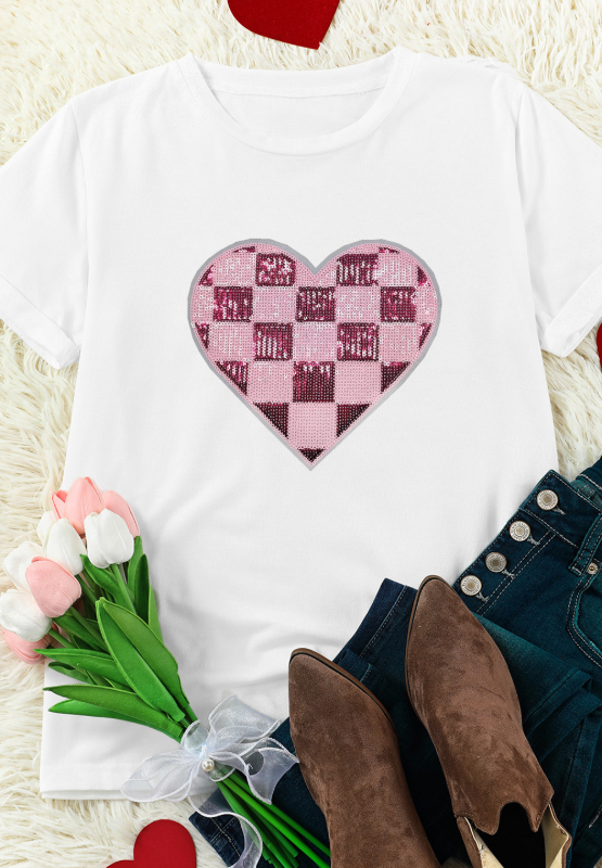 Sequin Checkered Heart Round Neck Short Sleeve T-Shirt-Angel Casuals