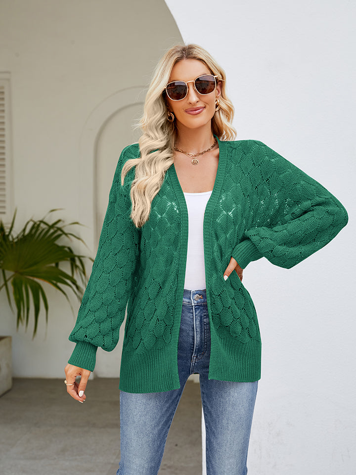 Openwork Open Front Lantern Sleeve Cardigan-Angel Casuals