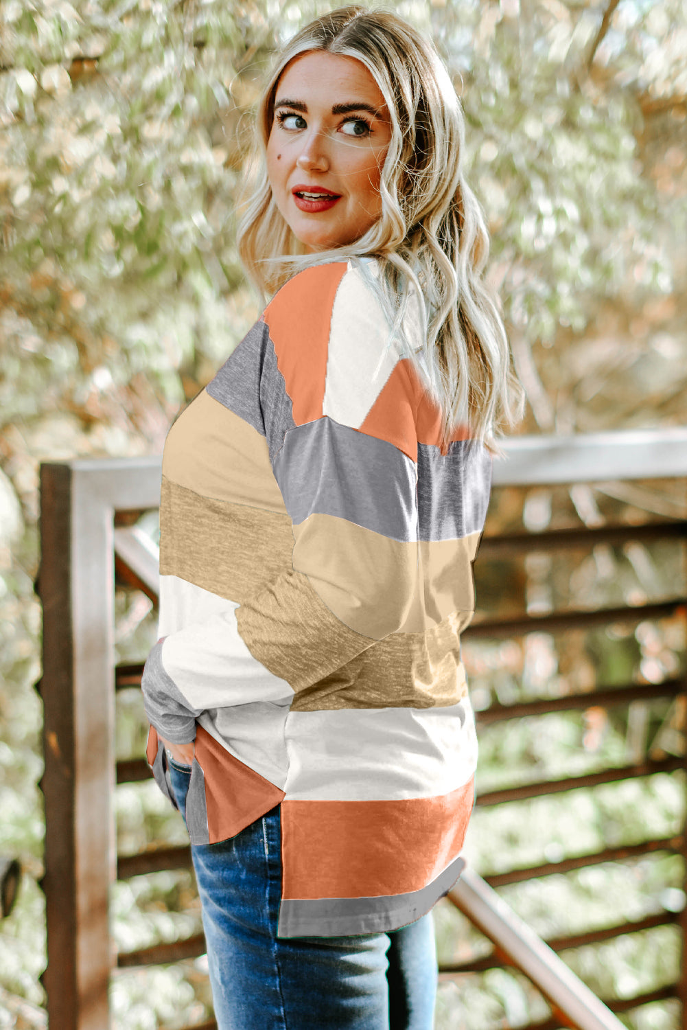 Plus Size Striped Slit Long Sleeve T-Shirt-Angel Casuals