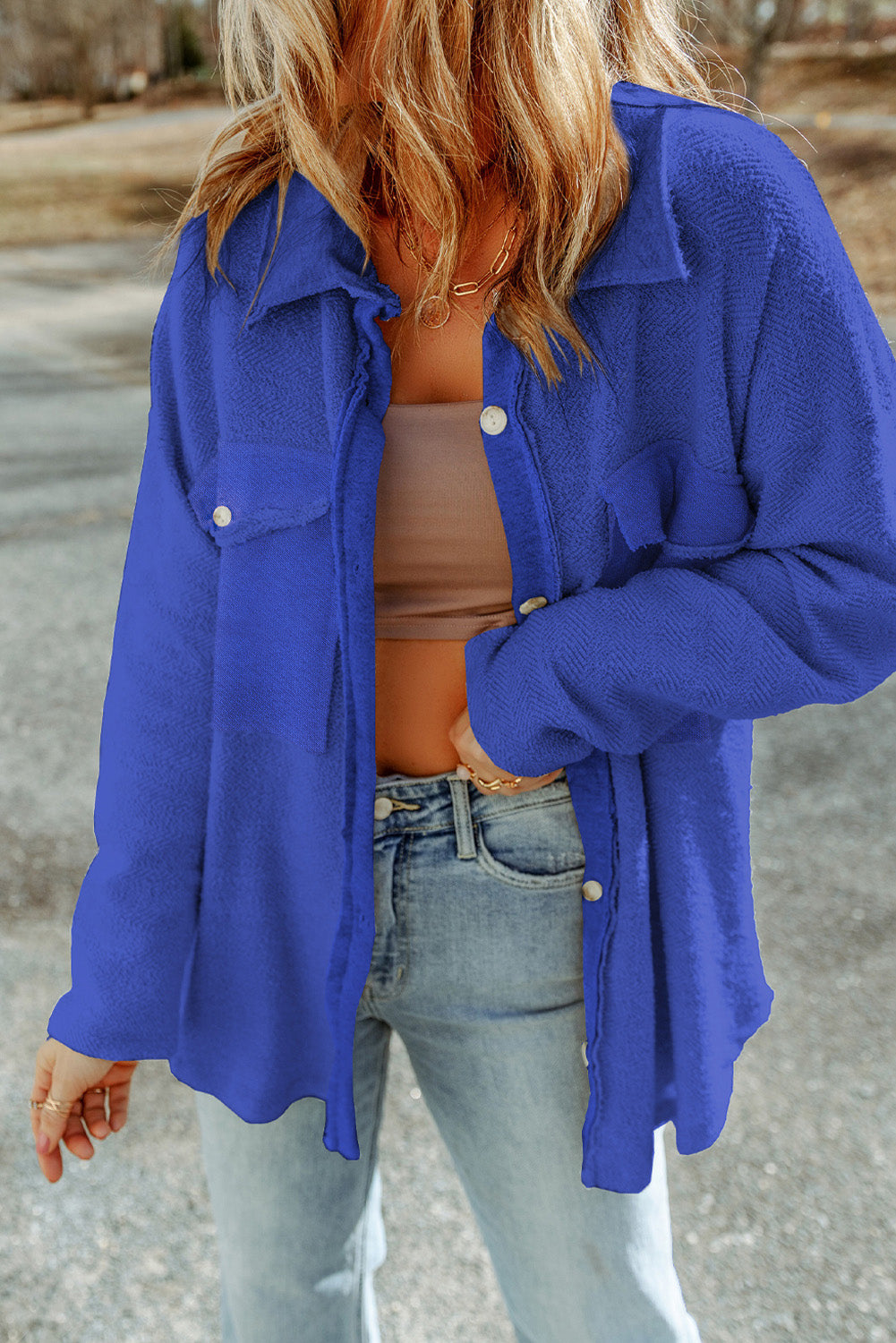 Pocketed Button Up Droppped Shoulder Jacket-Angel Casuals