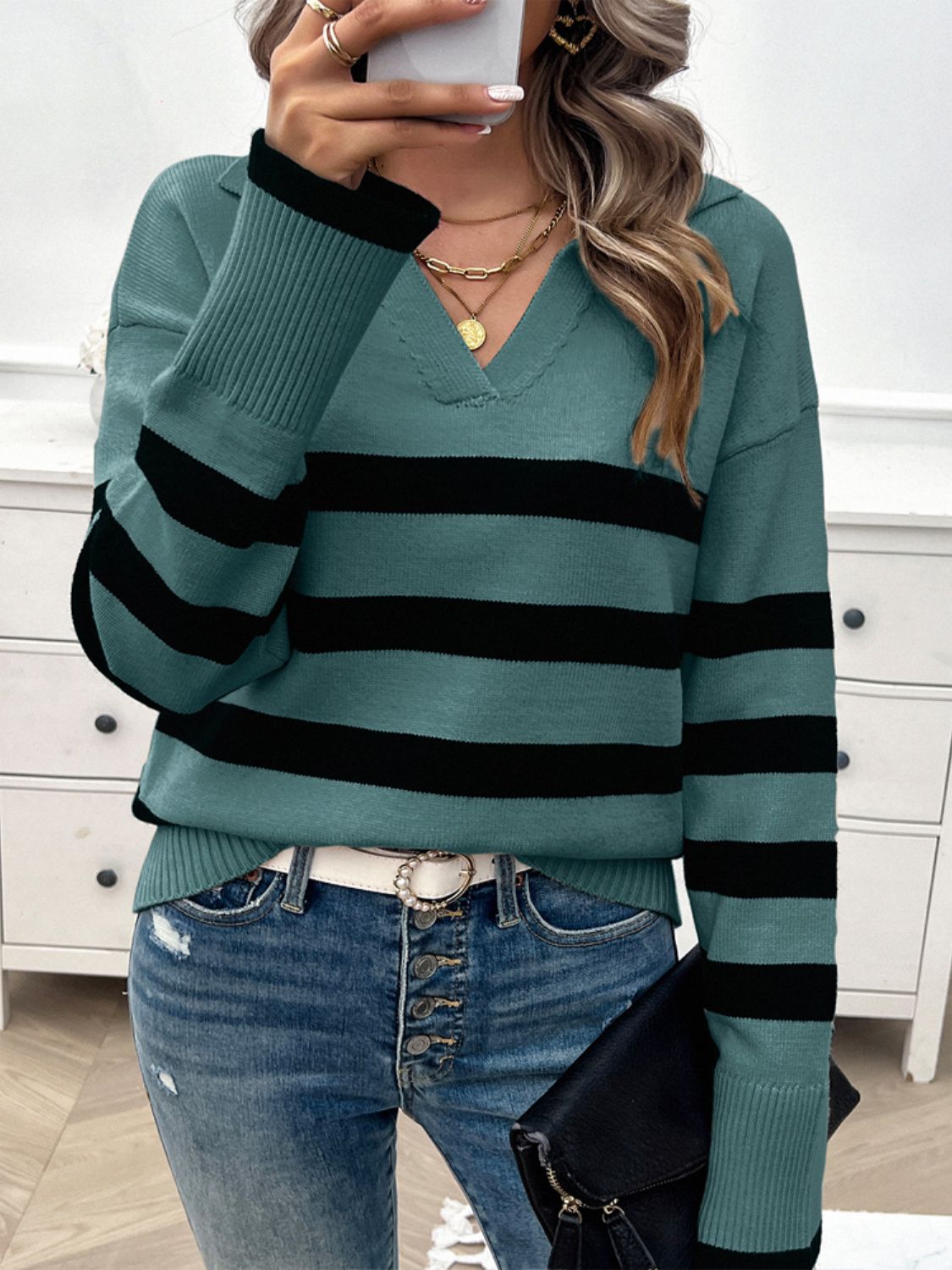 Devine Striped Collared Neck Long Sleeve Sweater-Angel Casuals