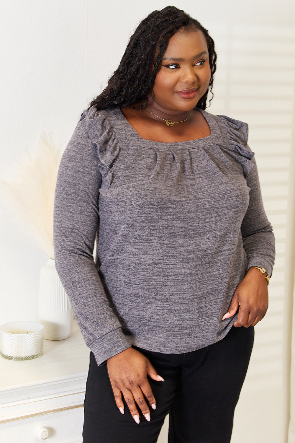 Double Take Square Neck Ruffle Shoulder Long Sleeve T-Shirt-Angel Casuals