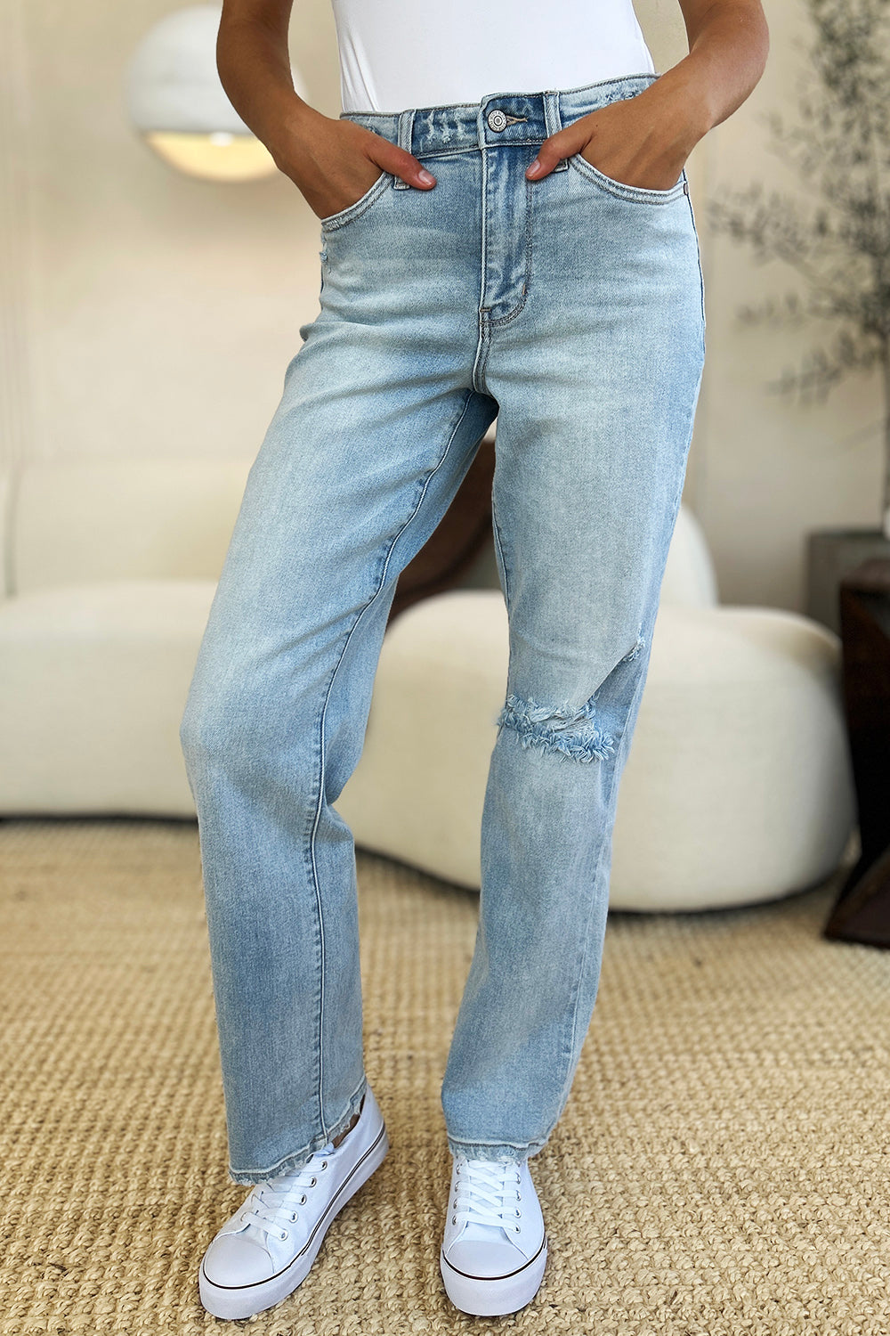 Judy Blue Full Size High Waist Distressed Straight Jeans-Angel Casuals