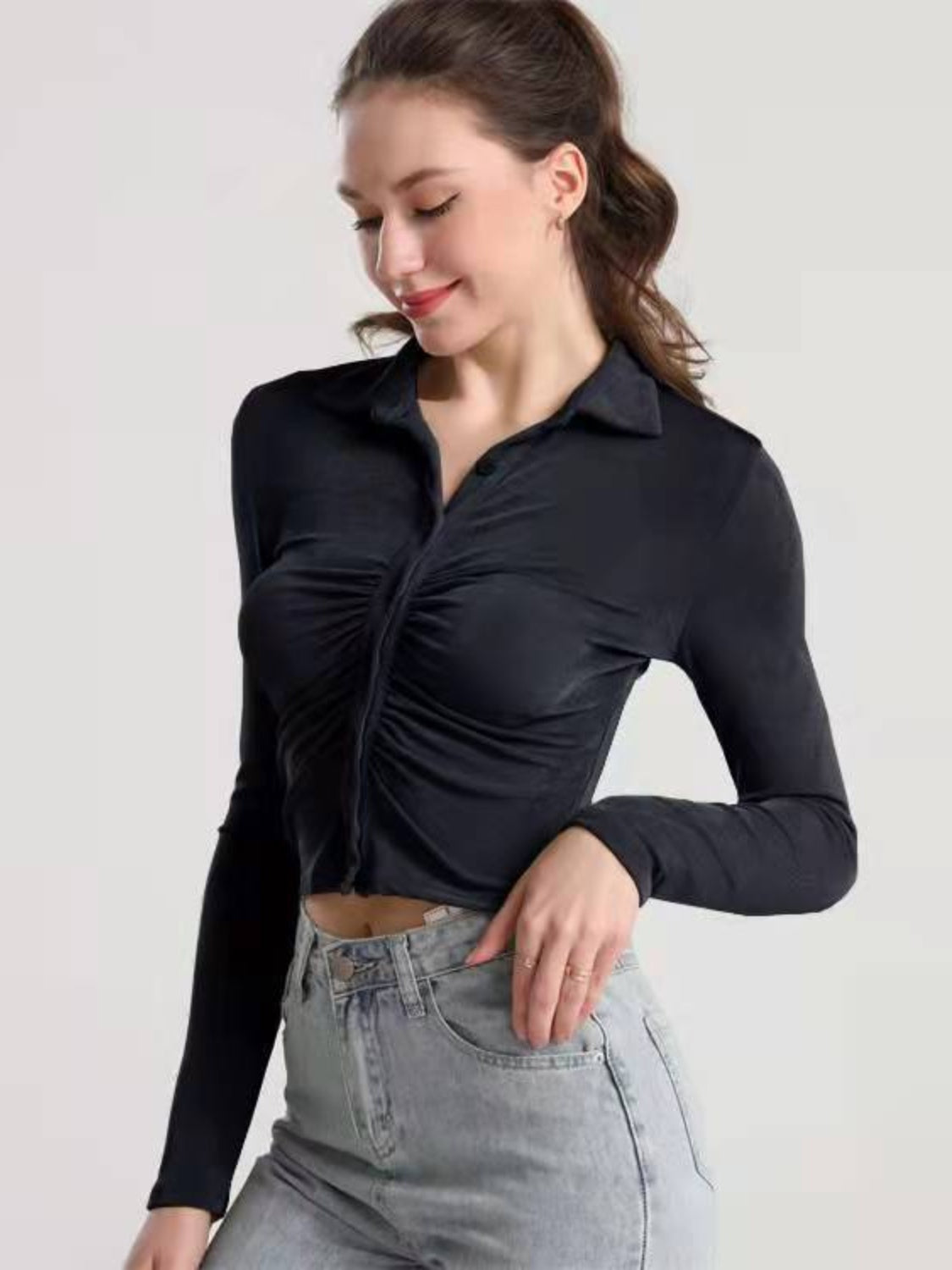 Ruched Button Up Long Sleeve T-Shirt-Angel Casuals