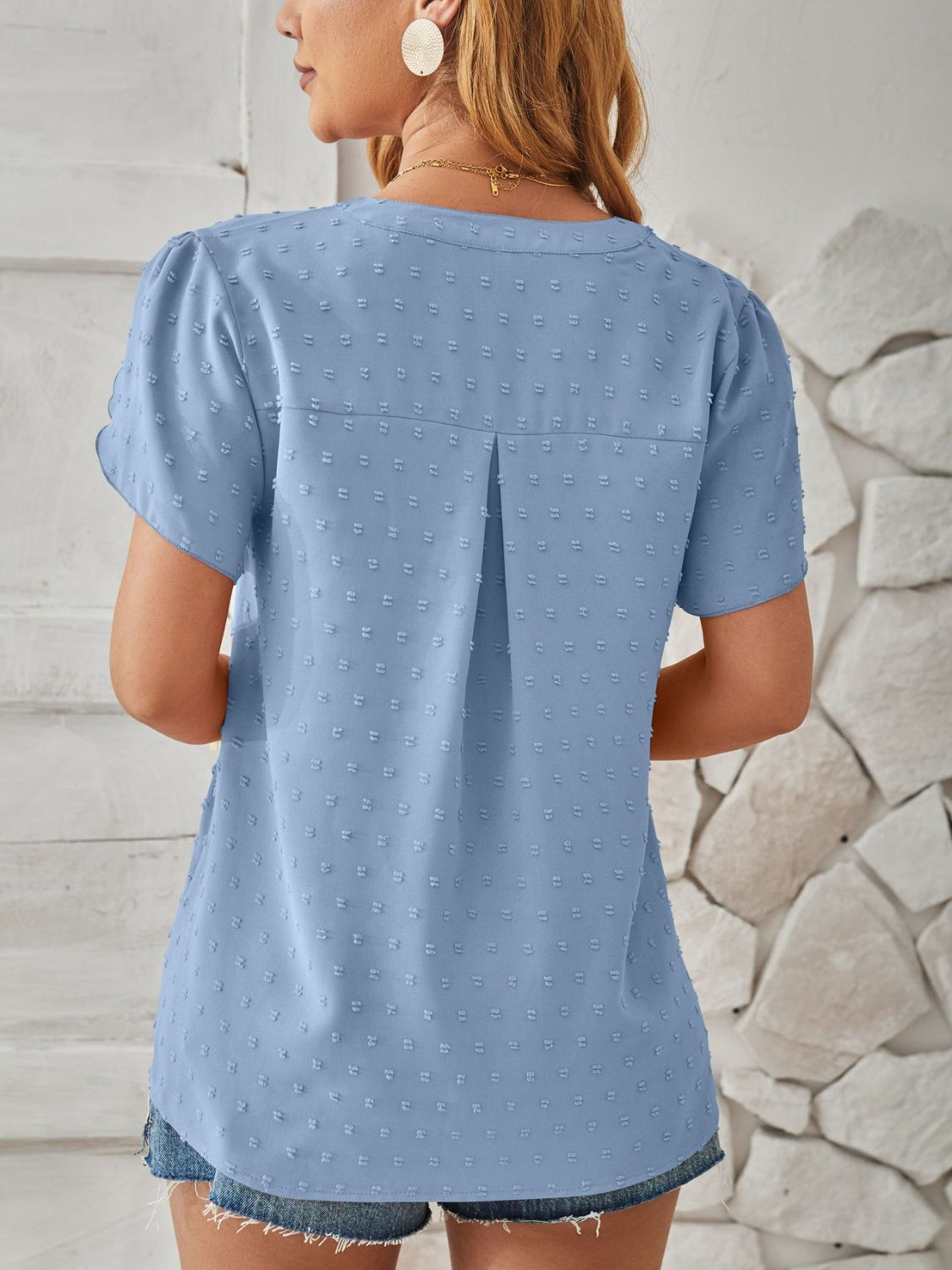 Swiss Dot Notched Petal Sleeve T-Shirt-Angel Casuals