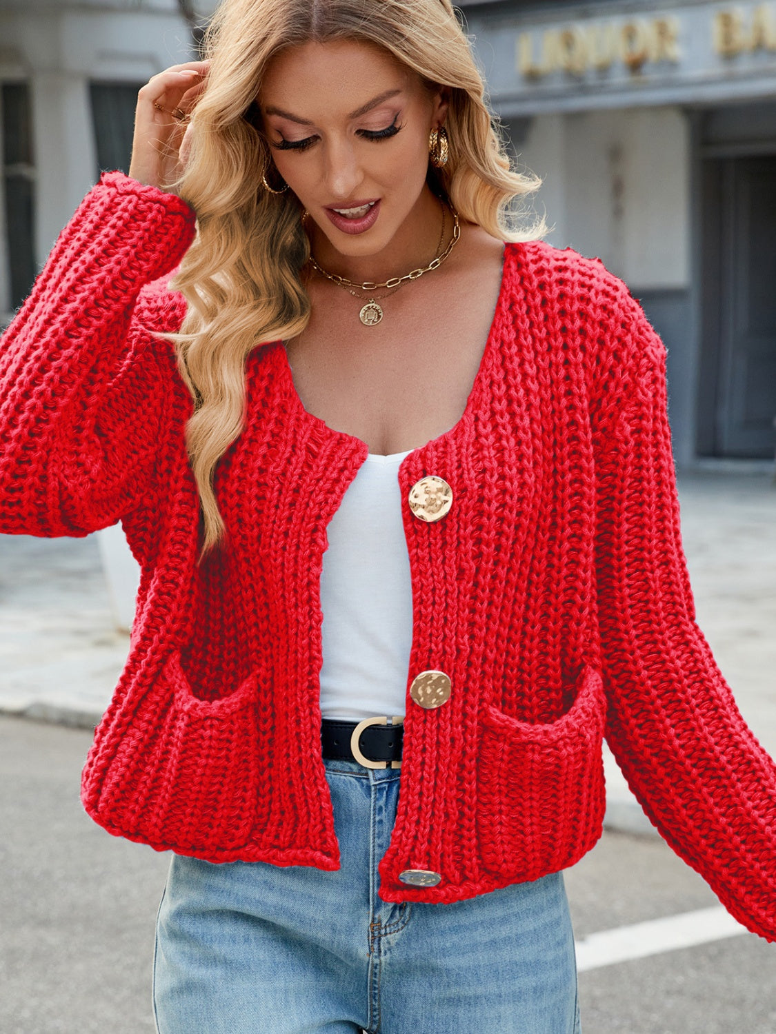 Round Neck Button Up Cardigan with Pockets-Angel Casuals