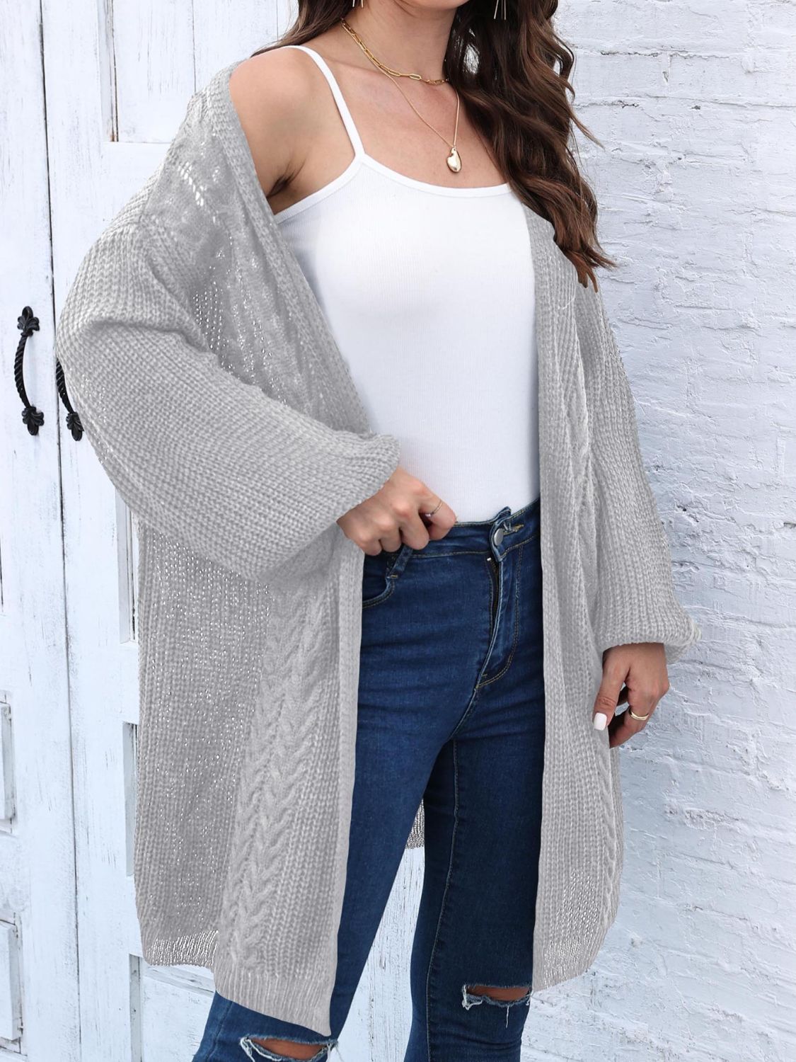 Cable-Knit Open Front Long Sleeve Cardigan-Angel Casuals