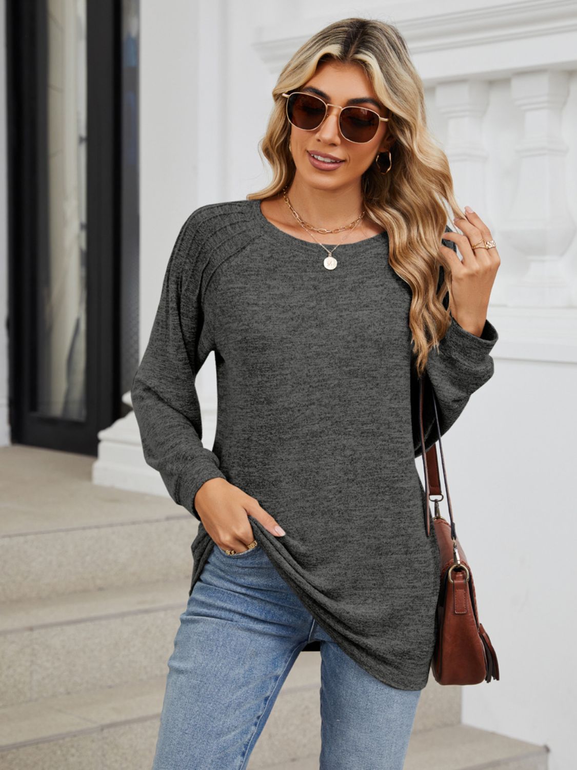 Round Neck Long Sleeve T-Shirt-Angel Casuals