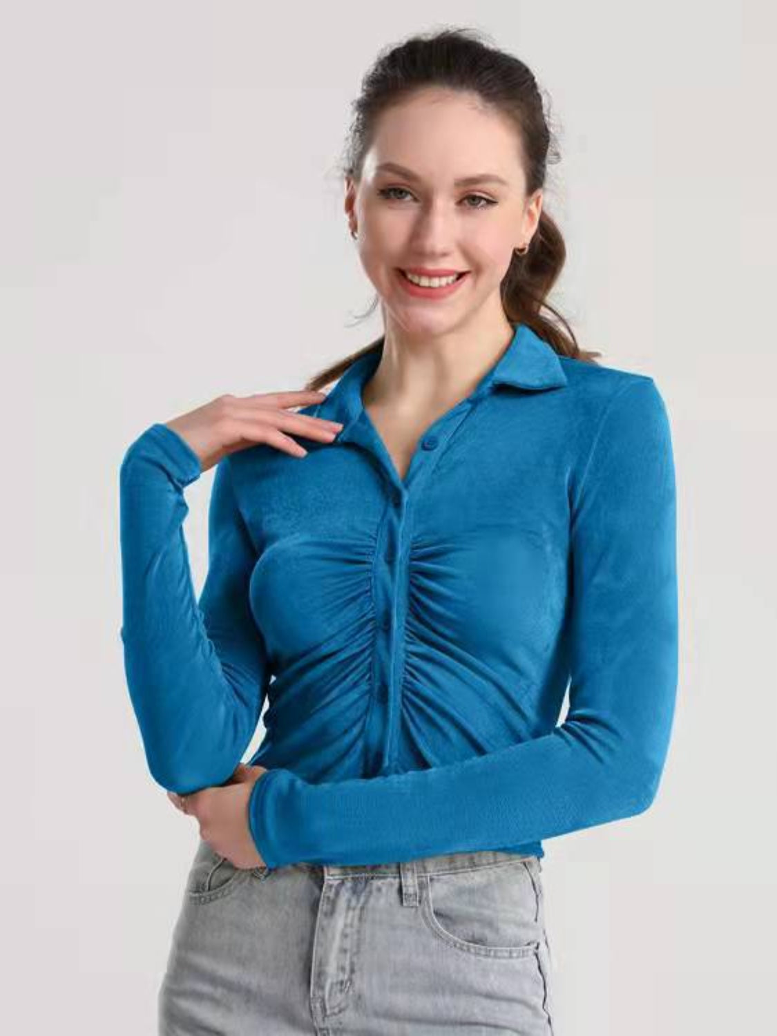 Ruched Button Up Long Sleeve T-Shirt-Angel Casuals
