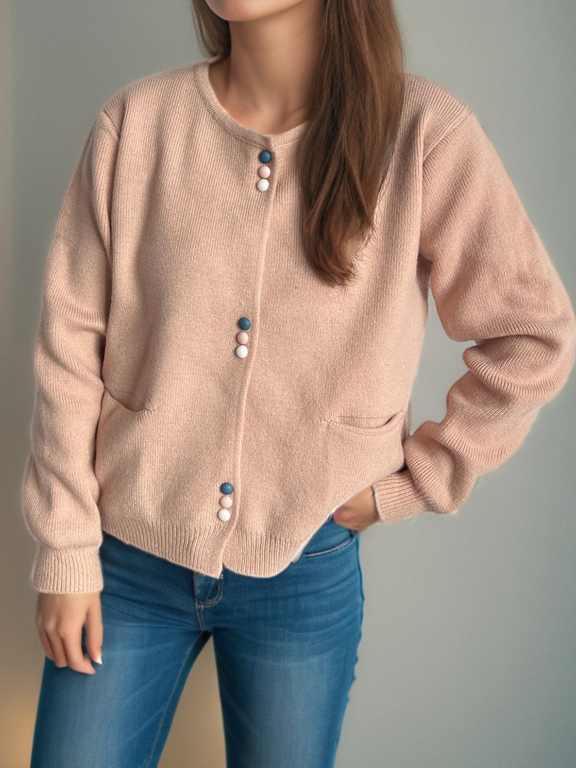 Button Down Long Sleeve Cardigan with Pockets-Angel Casuals