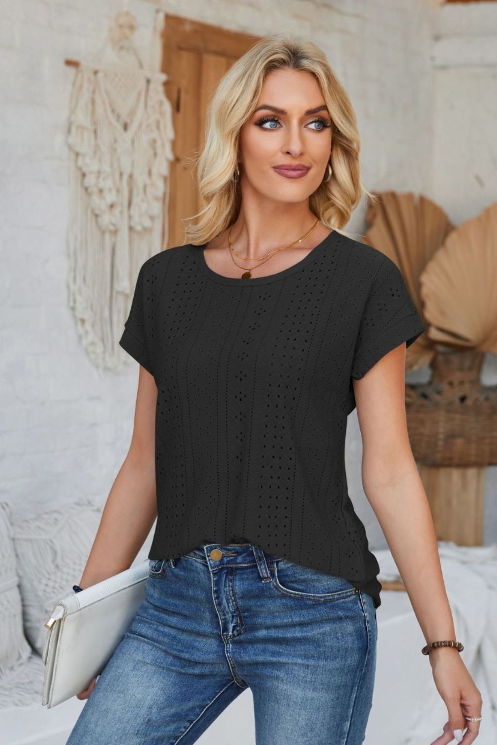 Eyelet Round Neck Rolled Short Sleeve T-Shirt-Angel Casuals