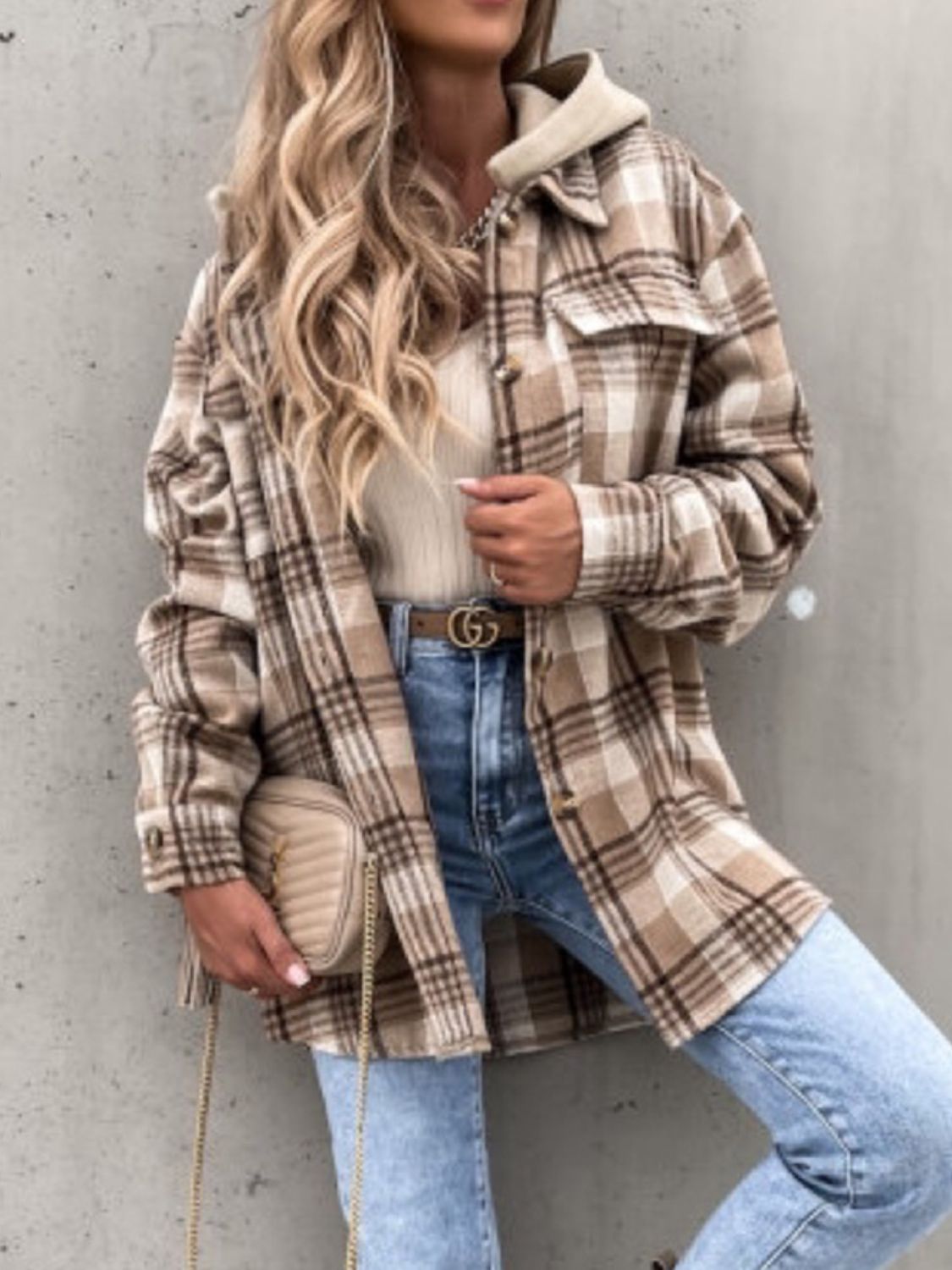 Plaid Button Up Jacket with Removable Hood-Angel Casuals