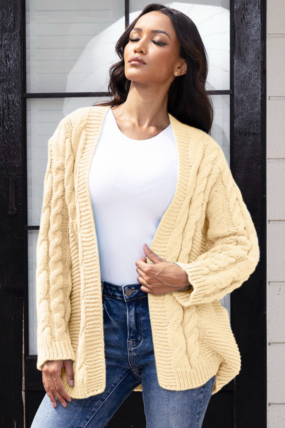 Open Front Cable-Knit Cardigan-Angel Casuals