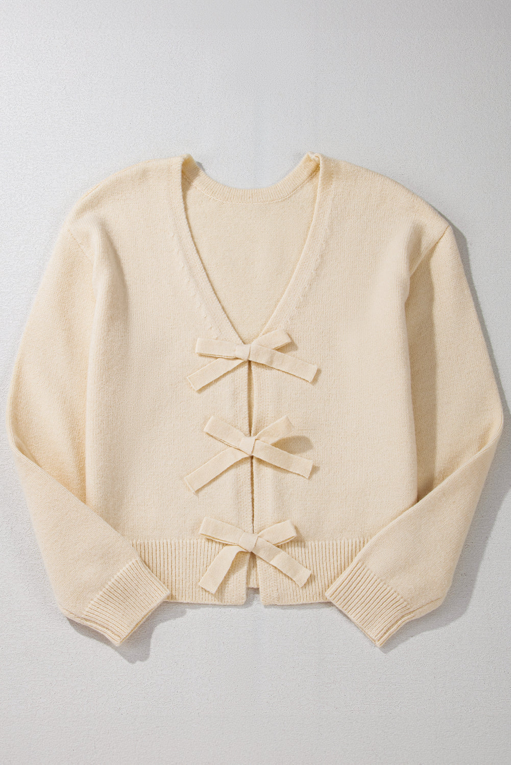 Bowknot Front V Neck Long Sleeve Cardigan-Angel Casuals