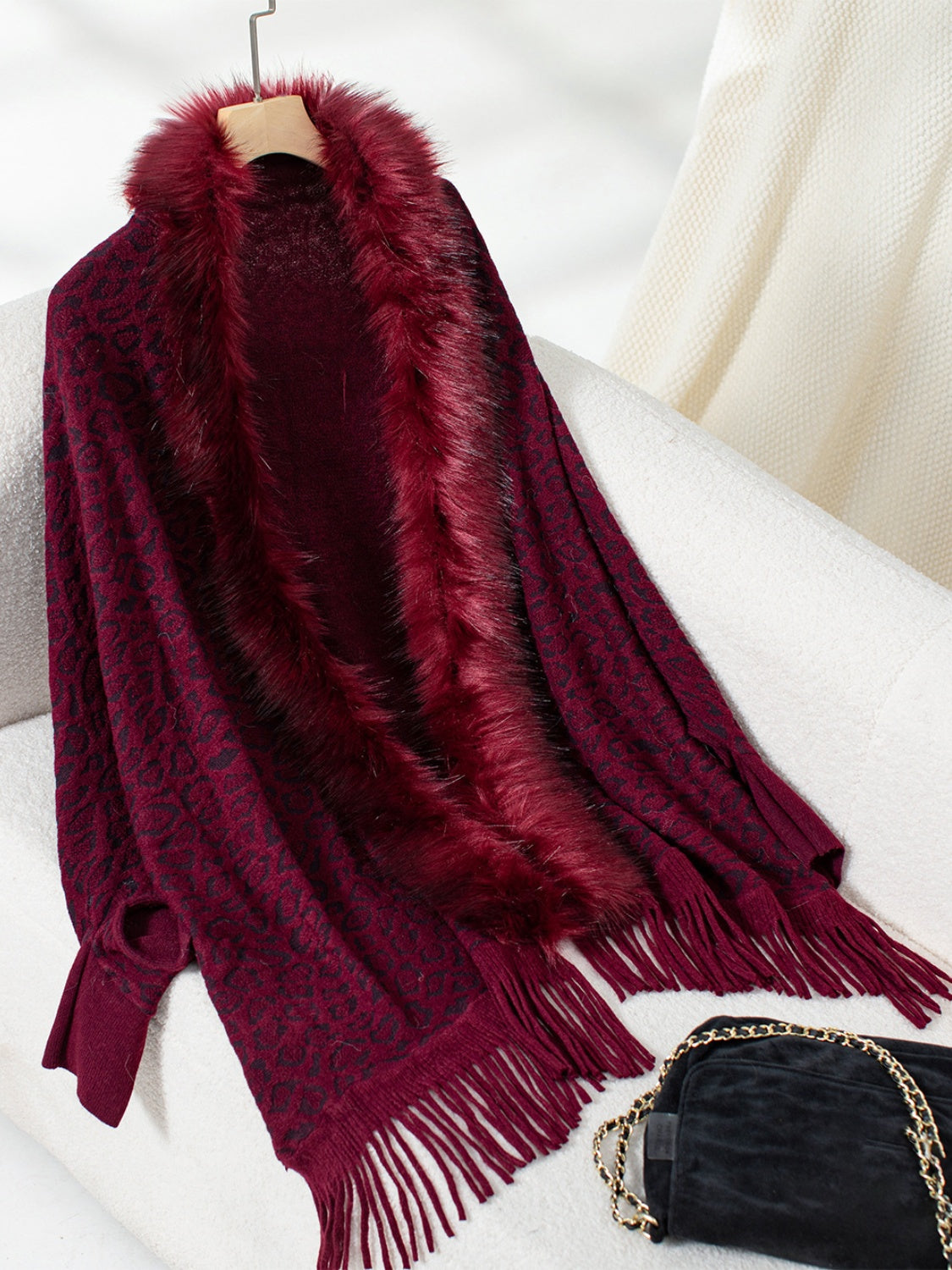 Fringe Leopard Open Front Long Sleeve Poncho-Angel Casuals