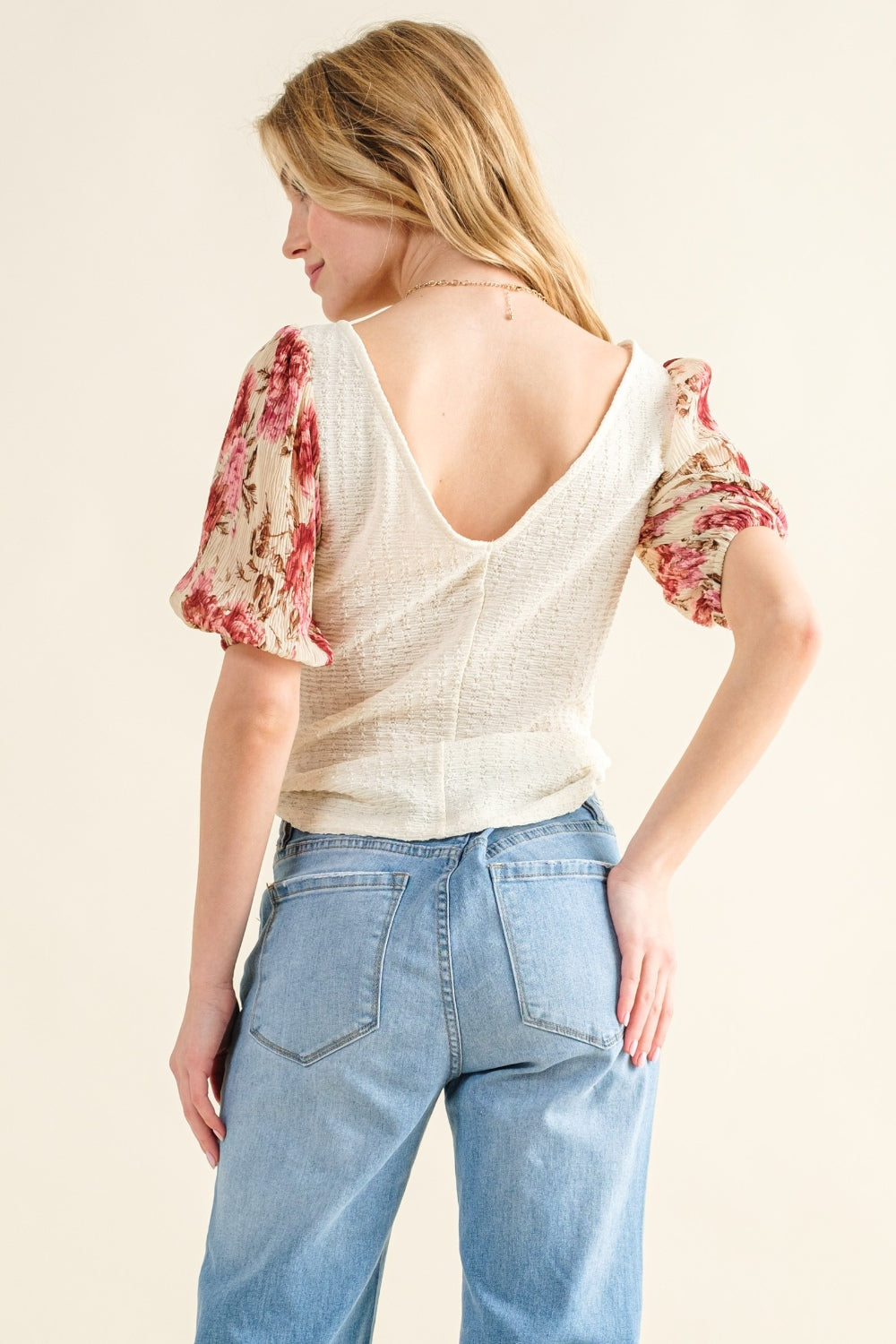 And The Why Full Size Floral Print Textured Sleeve Knit Top-Angel Casuals