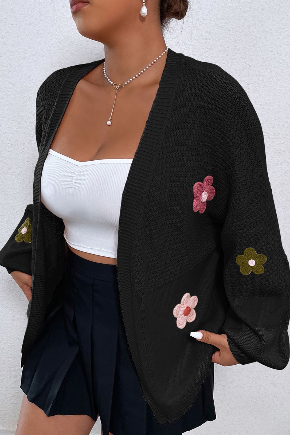 Floral Applique Drop Shoulder Open Front Cardigan-Angel Casuals
