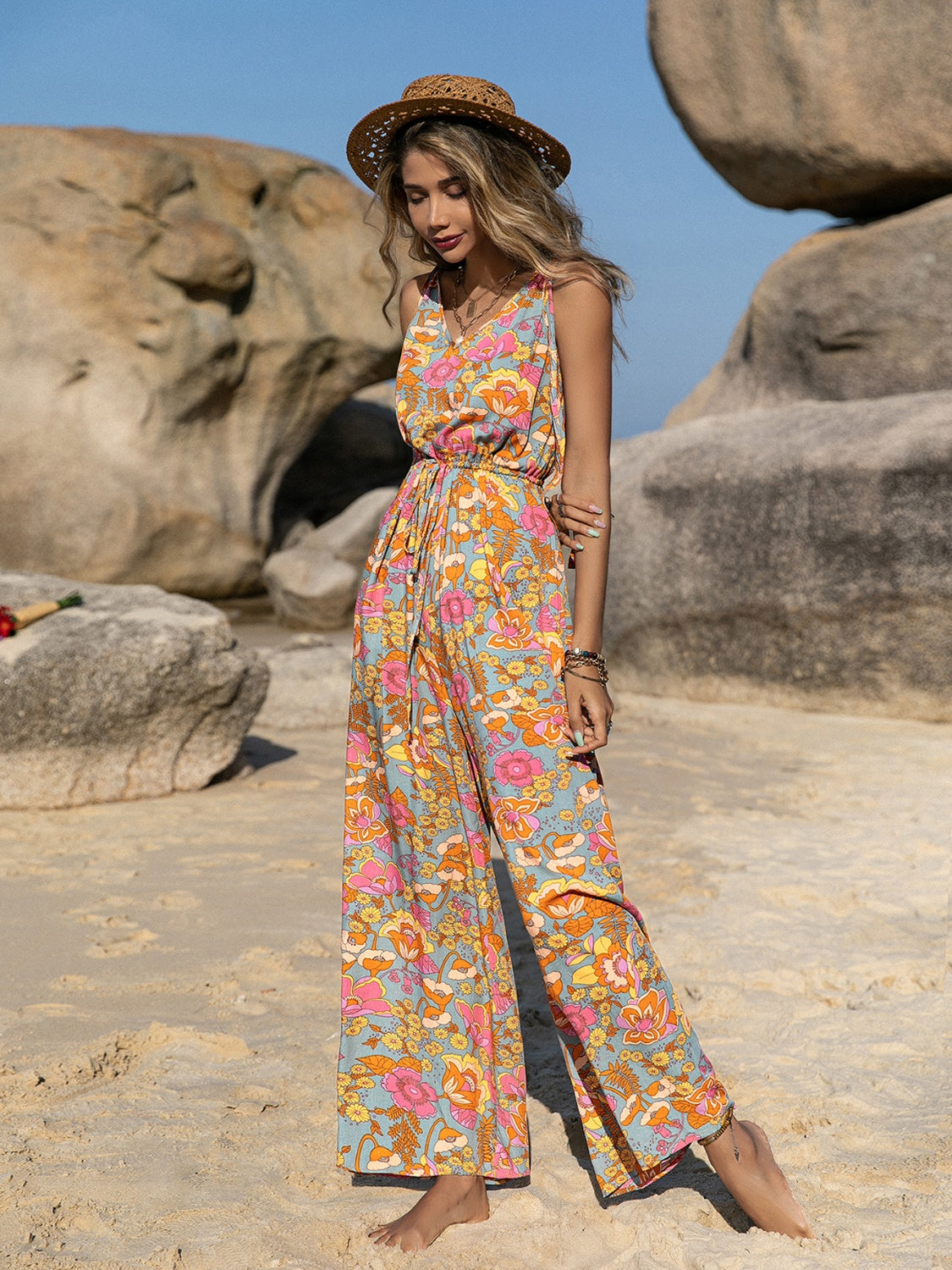V-Neck Wide Leg Jumpsuit-Angel Casuals