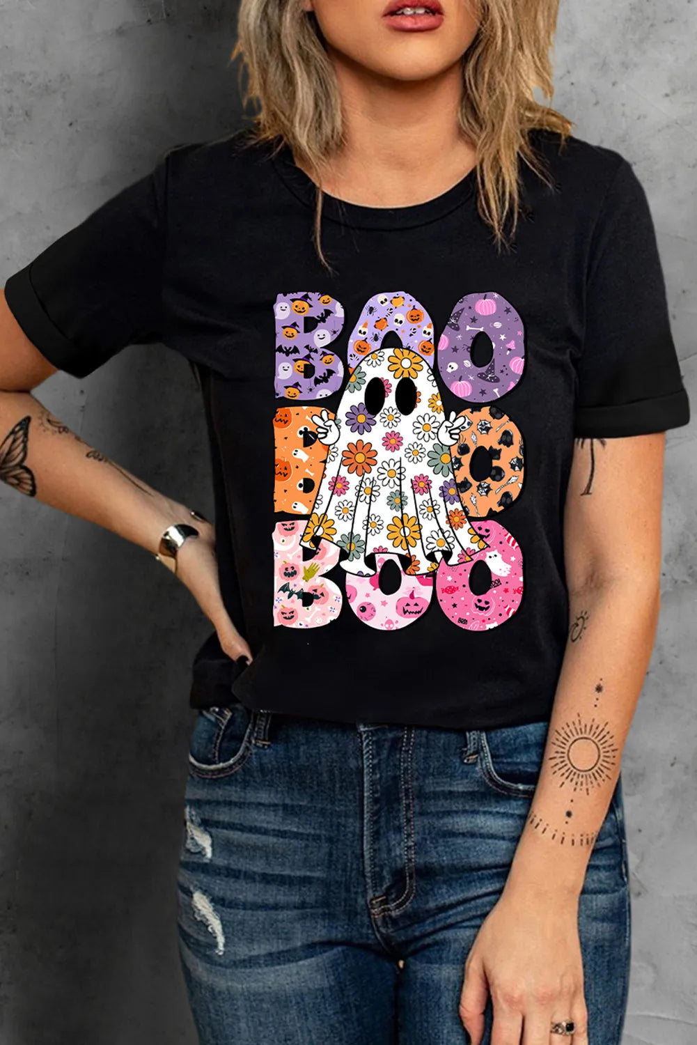 BOO Ghost Graphic Round Neck Short Sleeve T-Shirt-Angel Casuals