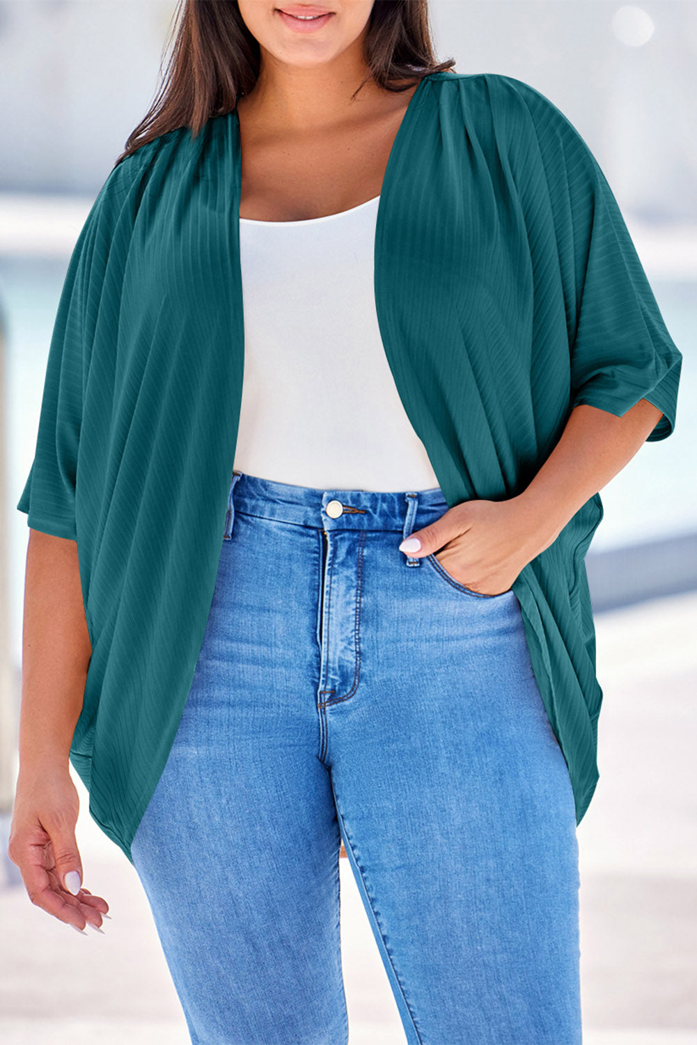 Plus Size Ribbed Cocoon Cover Up-Angel Casuals