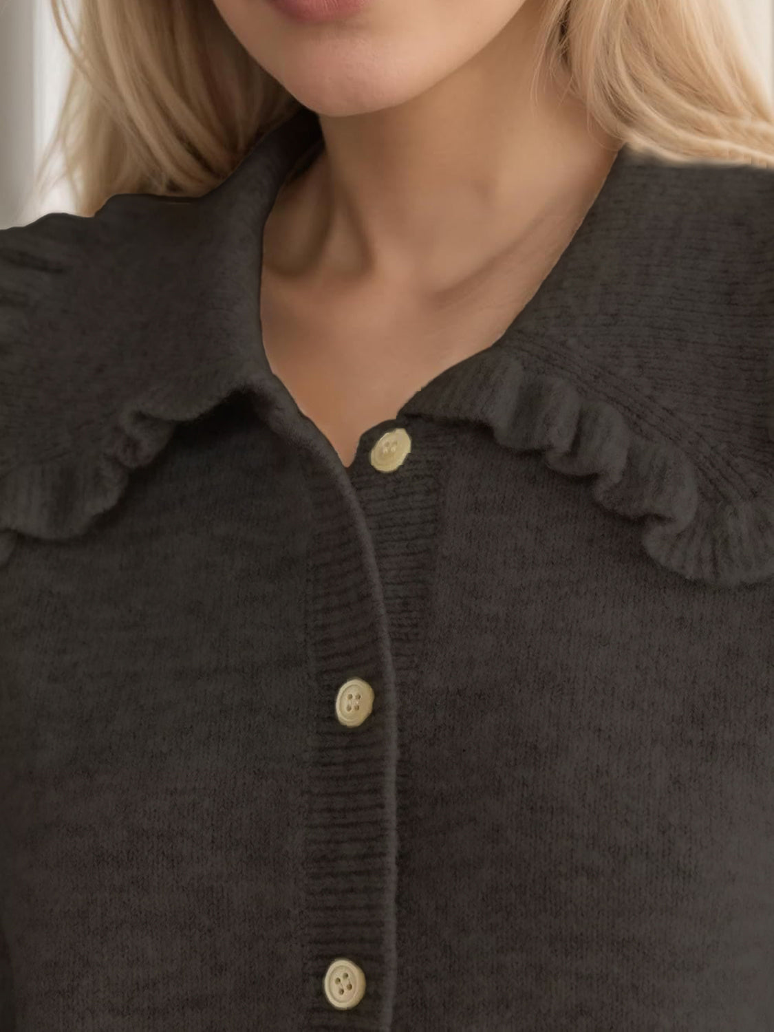Frill Button Up Collared Neck Long Sleeve Cardigan-Angel Casuals