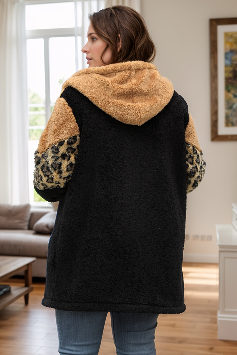 Plus Size Leopard Zip Up Hooded Outerwear-Angel Casuals