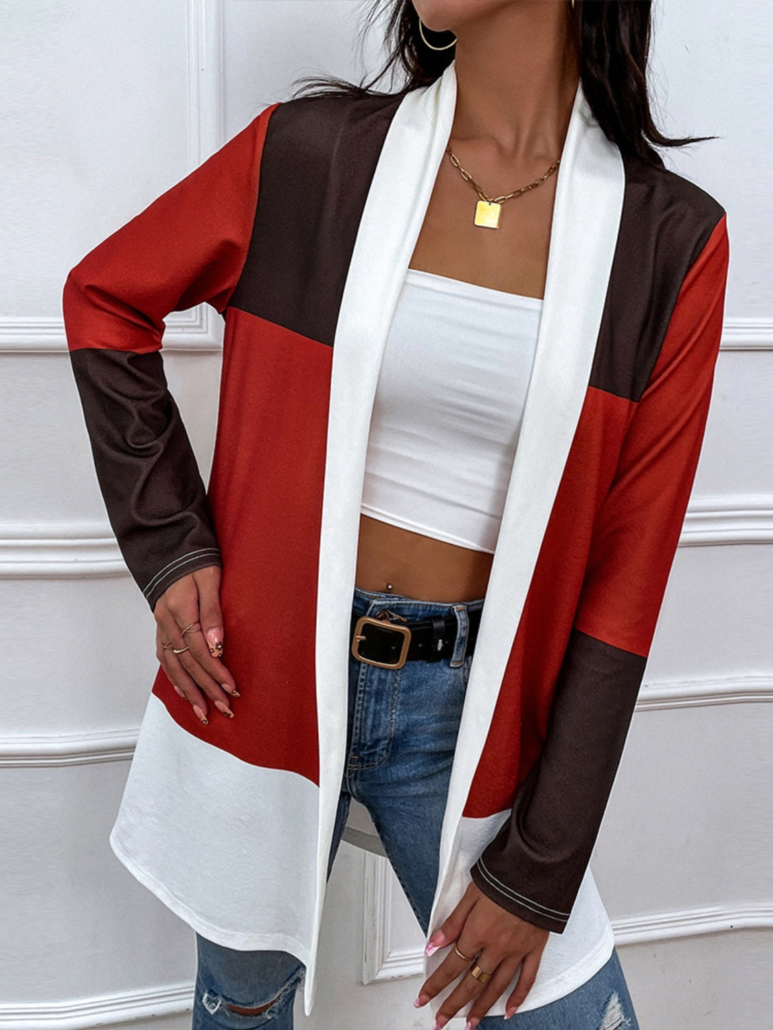 Shiny Color Block Open Front Cardigan-Angel Casuals
