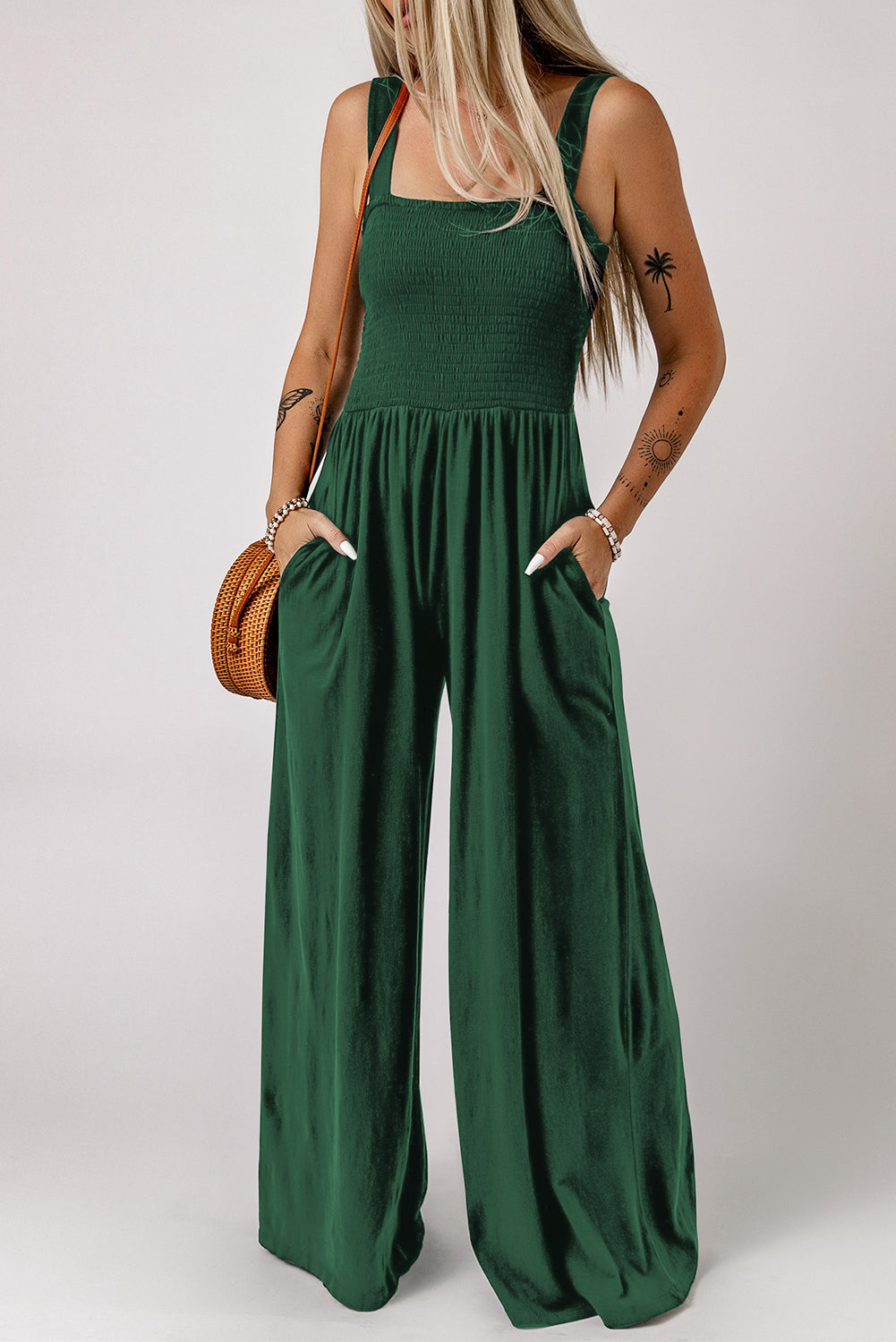 Smocked Square Neck Wide Leg Jumpsuit with Pockets-Angel Casuals