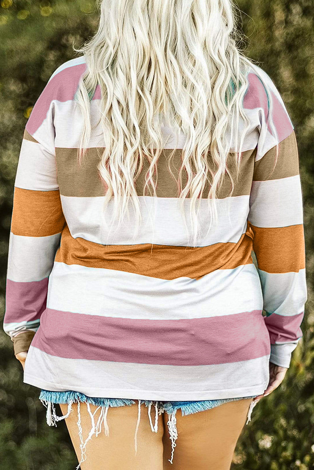 Plus Size Striped Slit Long Sleeve T-Shirt-Angel Casuals