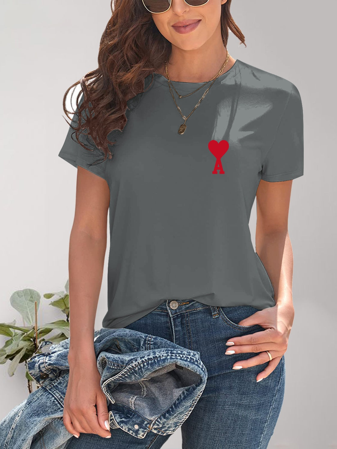 Heart Round Neck Short Sleeve T-Shirt-Angel Casuals