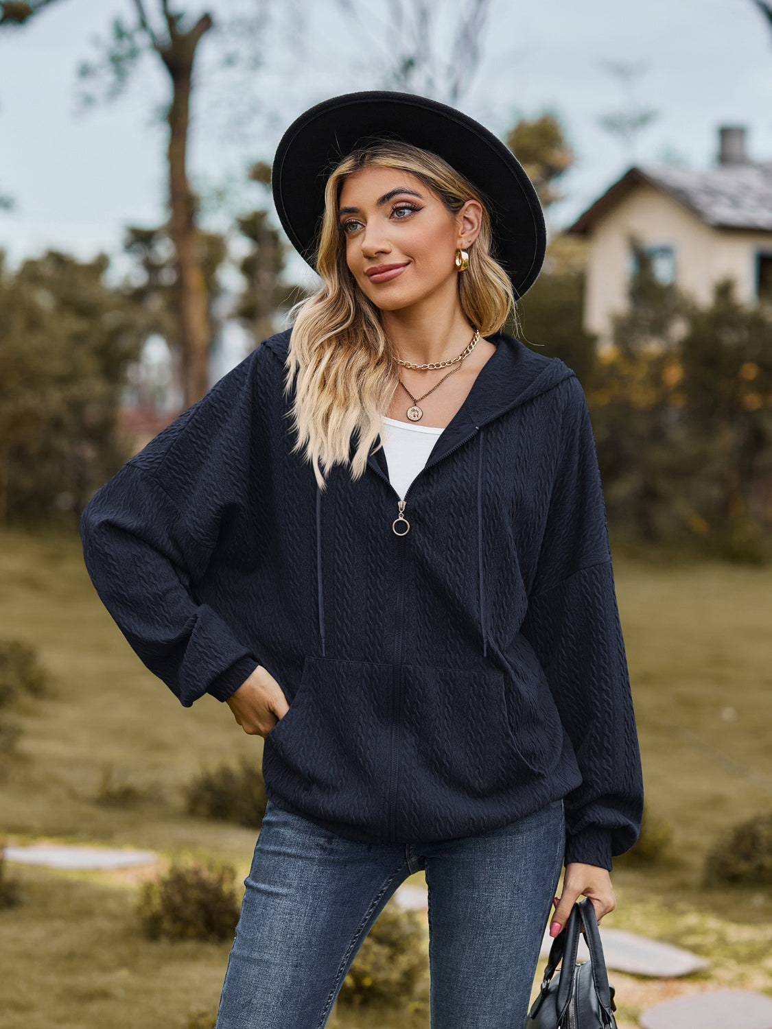 Zip Up Drawstring Long Sleeve Hooded Jacket-Angel Casuals