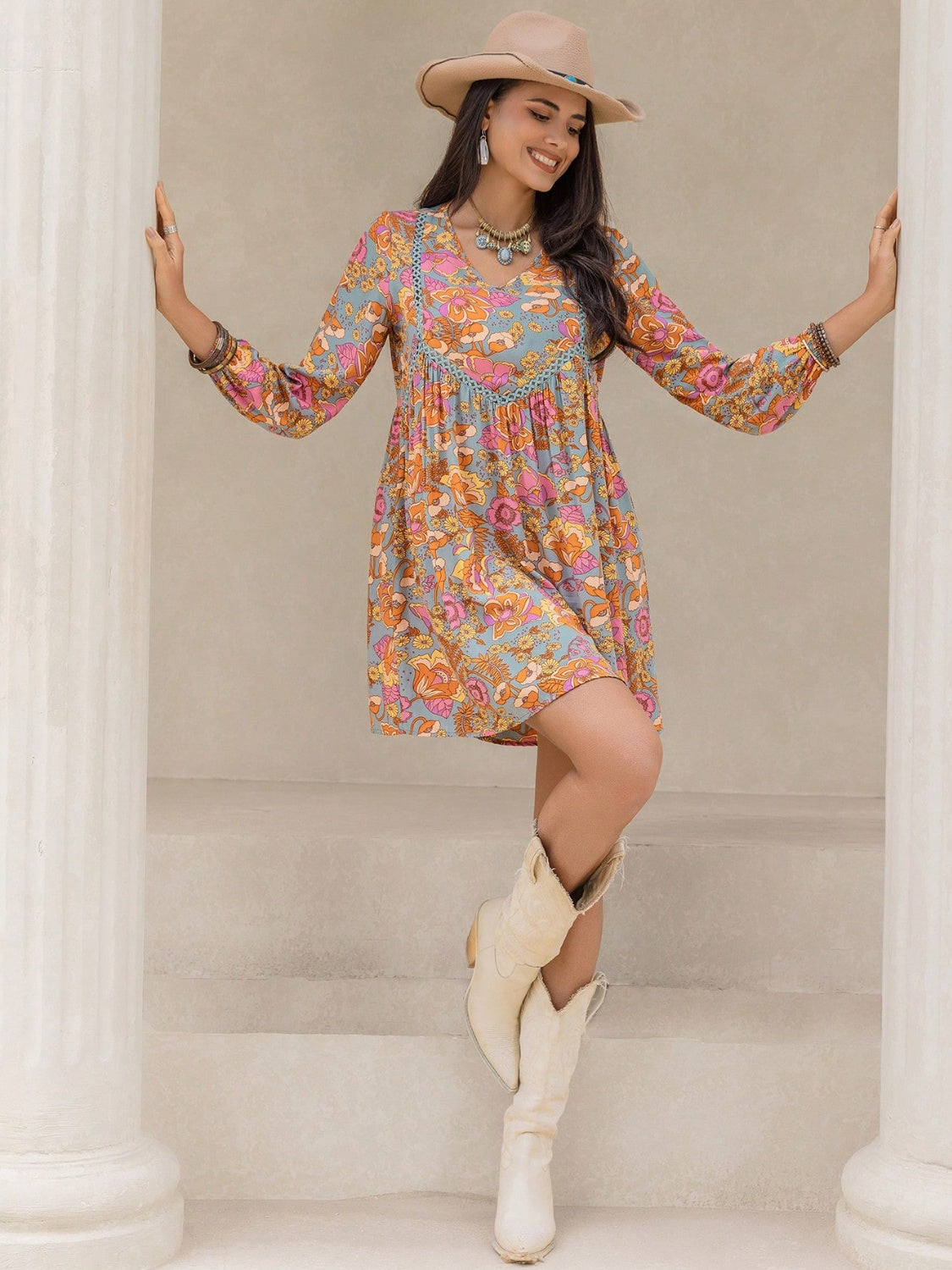 Printed V-Neck Balloon Sleeve Mini Dress-Angel Casuals