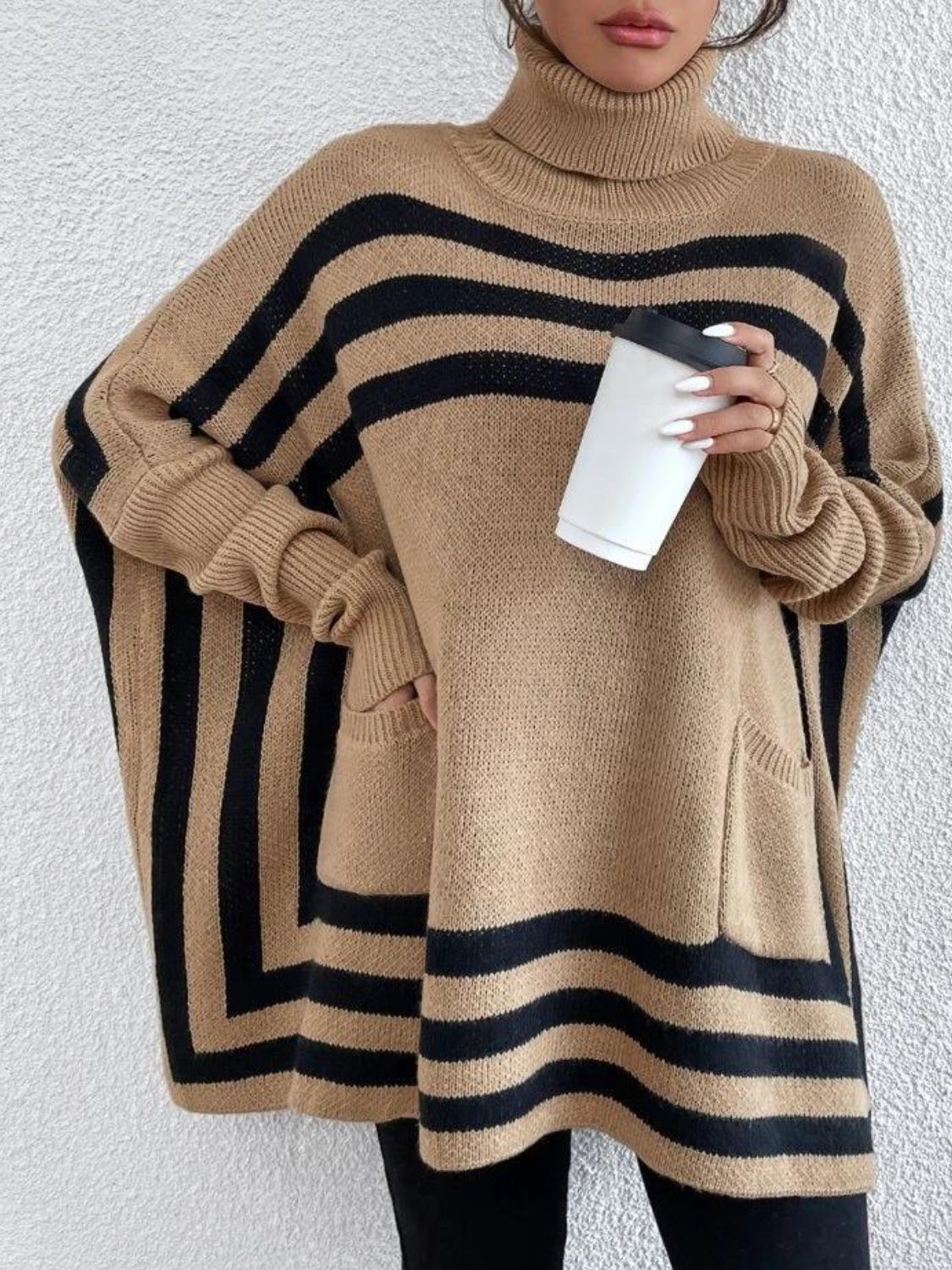 Striped Turtleneck Batwing Sleeve Sweater with Pockets-Angel Casuals