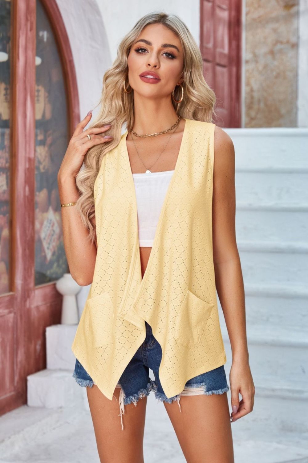 Eyelet Open Front Sleeveless Cardigan-Angel Casuals