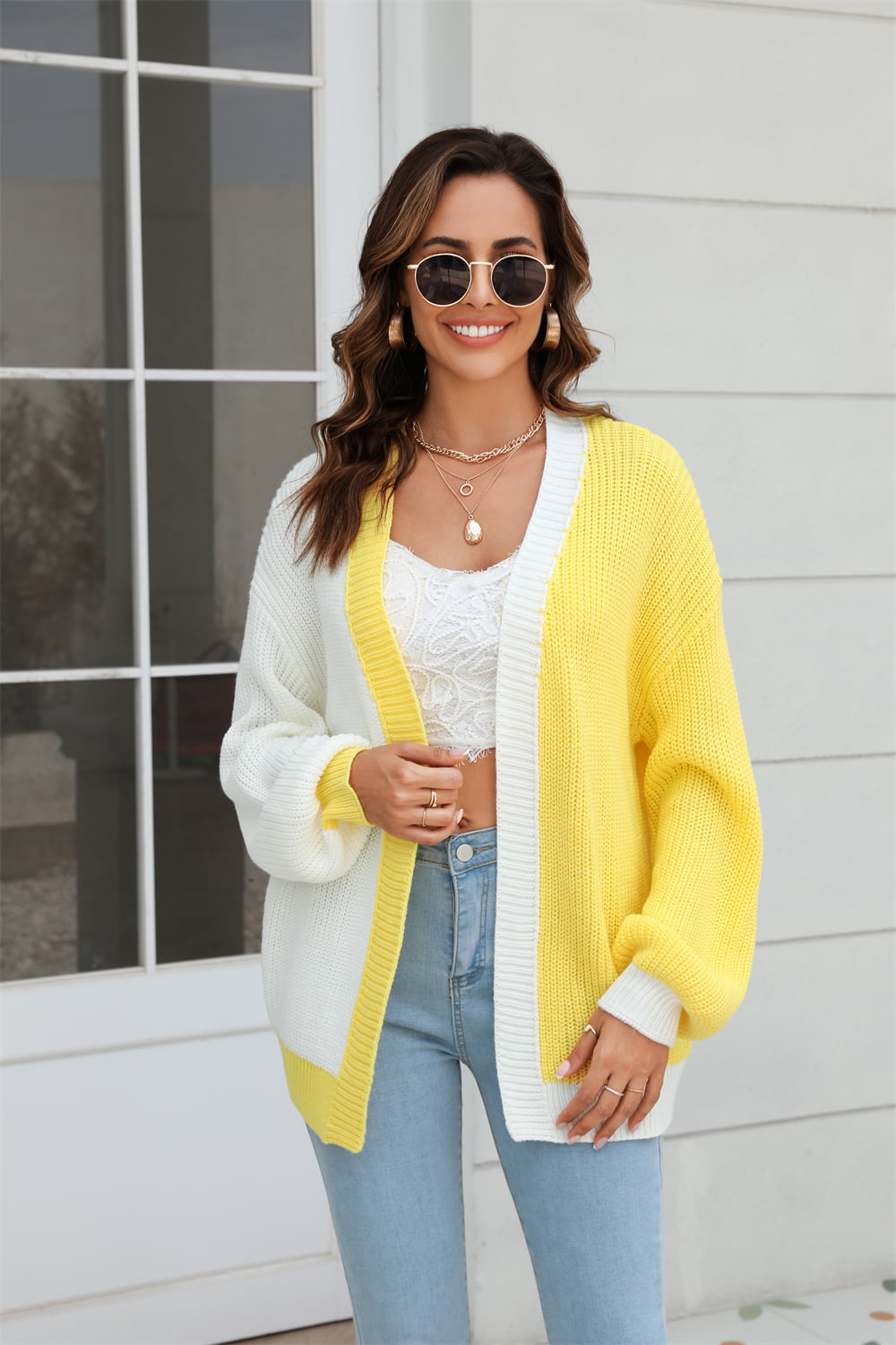 Open Front Contrast Color Balloon Sleeve Cardigan-Angel Casuals