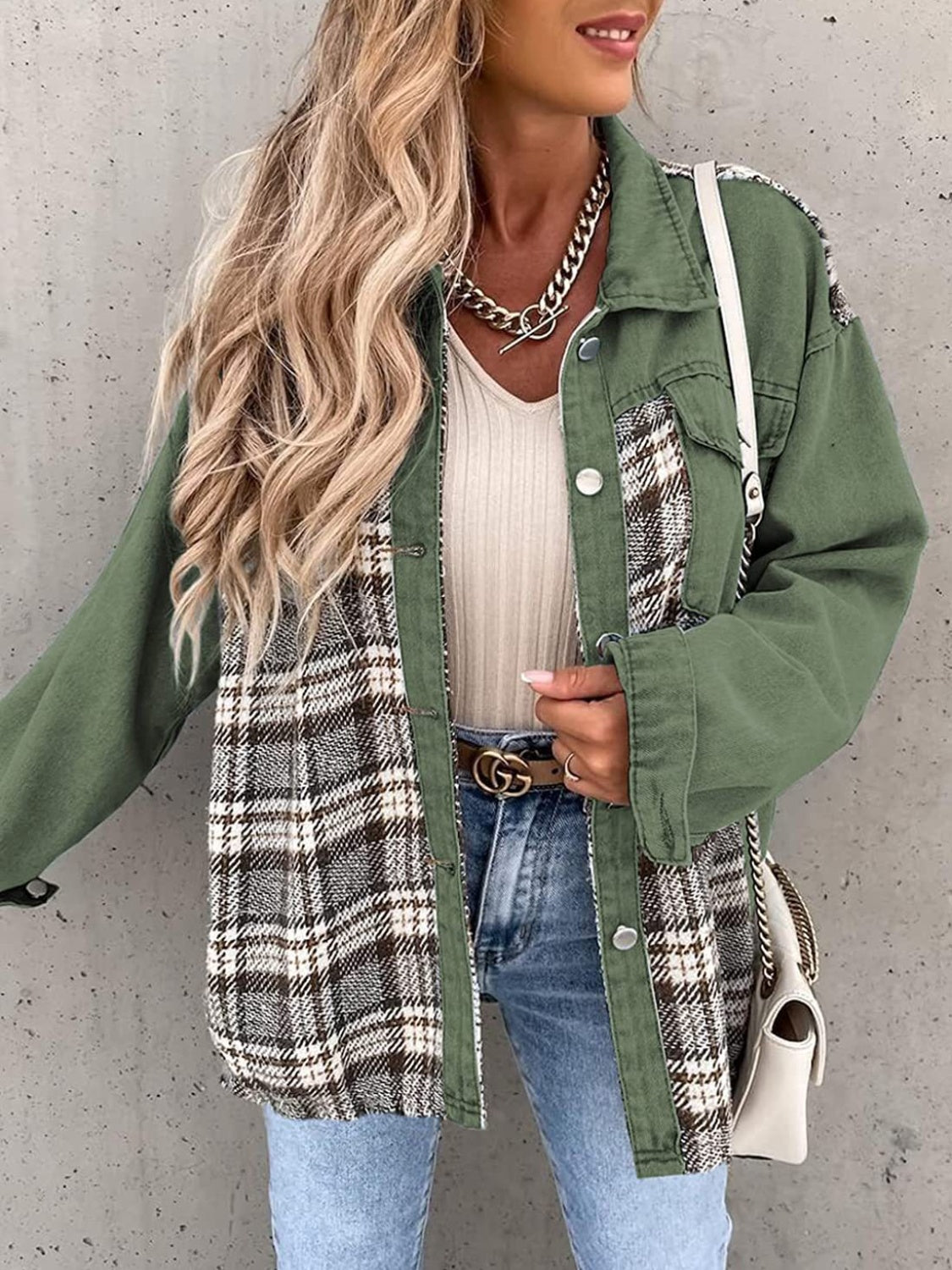 Plaid Button Up Dropped Shoulder Jacket-Angel Casuals