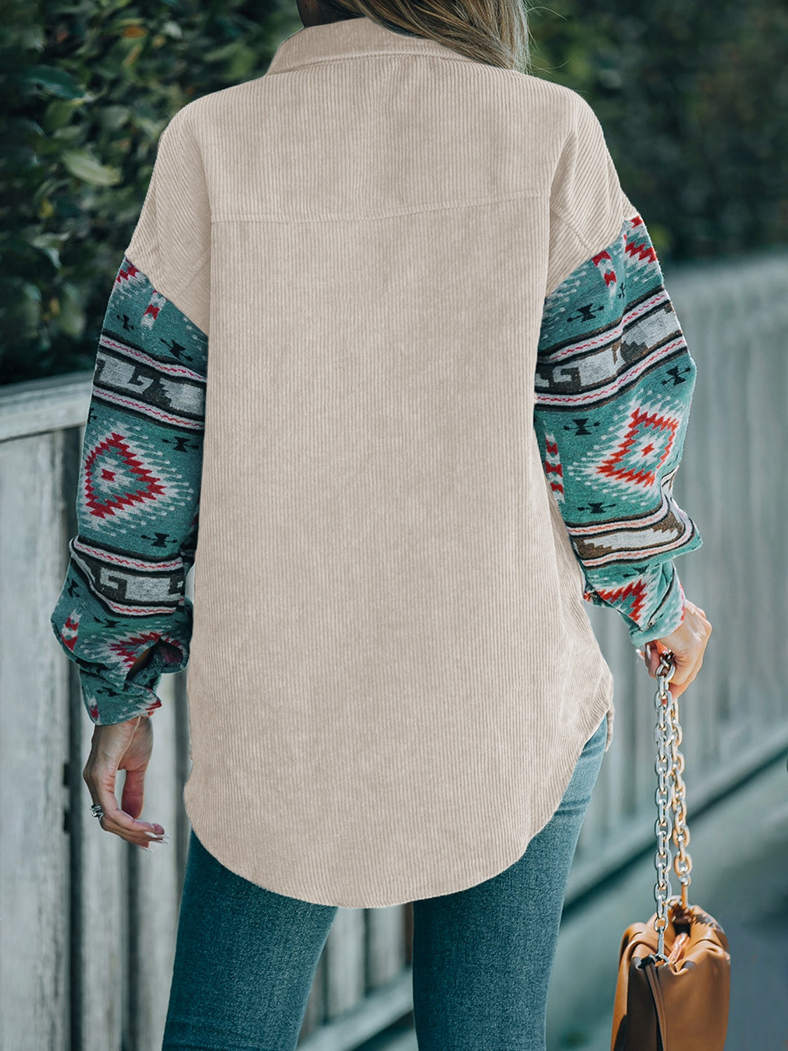 Perfee Pocketed Geometric Collared Neck Shacket-Angel Casuals