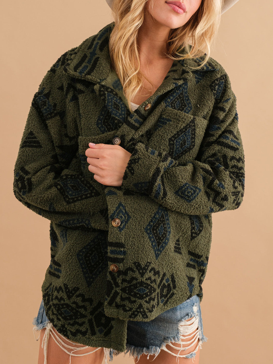 Geometric Button Up Long Sleeve Sherpa Jacket-Angel Casuals