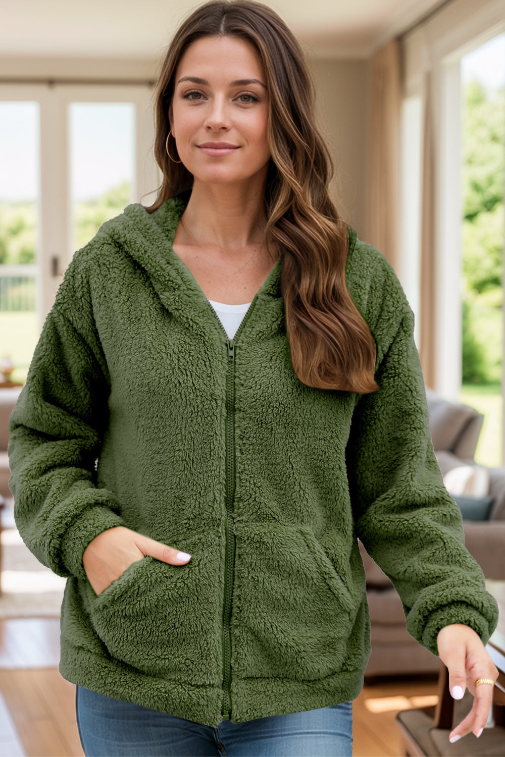 Zip Up Long Sleeve Fuzzy Hooded Outerwear-Angel Casuals