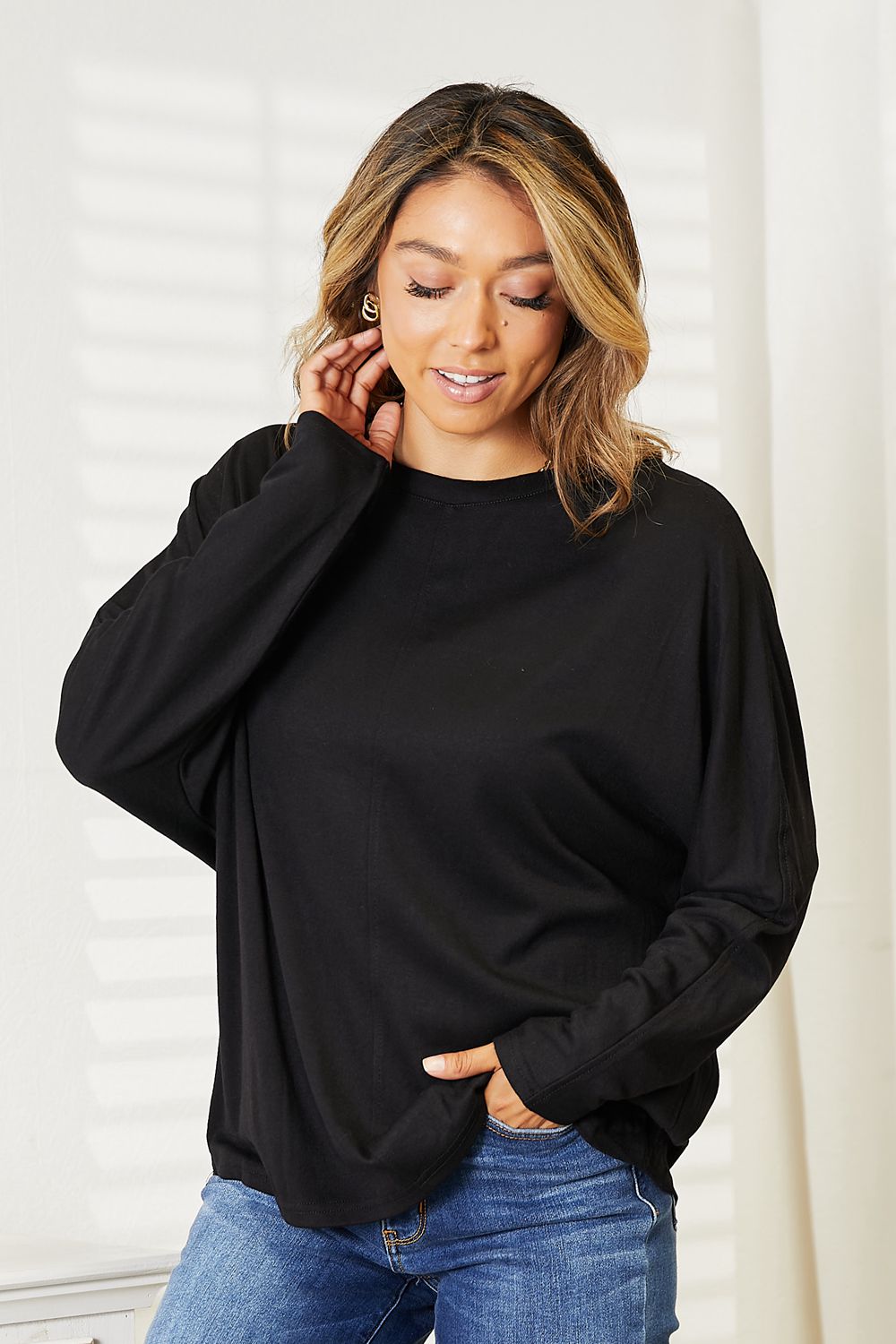 Double Take Seam Detail Round Neck Long Sleeve Top-Angel Casuals