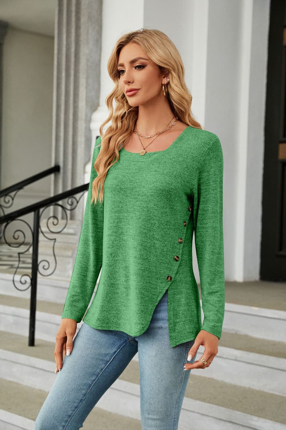 Square Neck Long Sleeve Slit T-Shirt-Angel Casuals