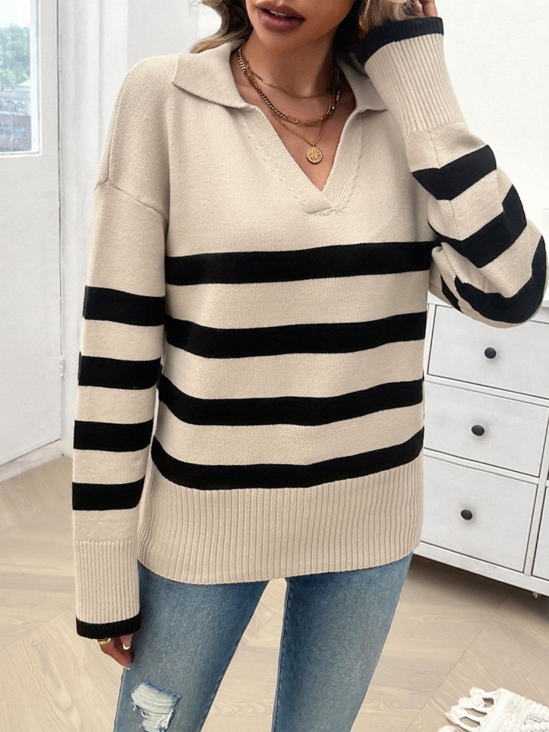Devine Striped Collared Neck Long Sleeve Sweater-Angel Casuals