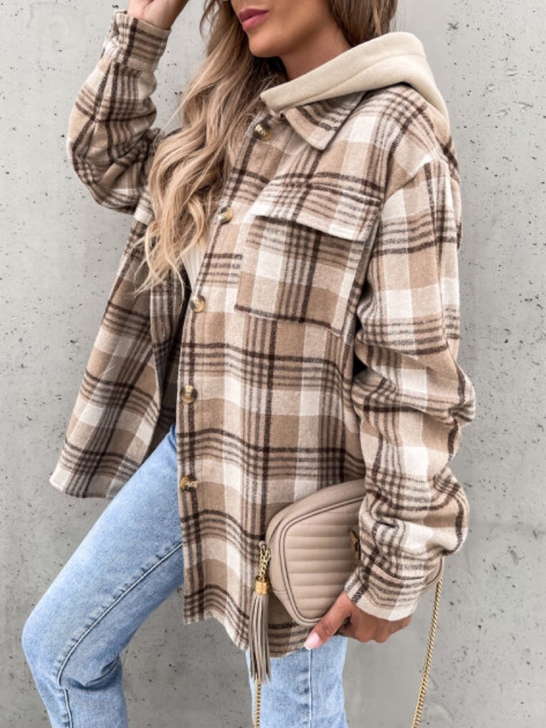 Plaid Button Up Jacket with Removable Hood-Angel Casuals