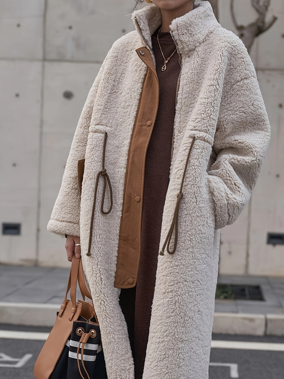 Plus Size Drawstring Zip Up Turtleneck Sherpa Coat-Angel Casuals