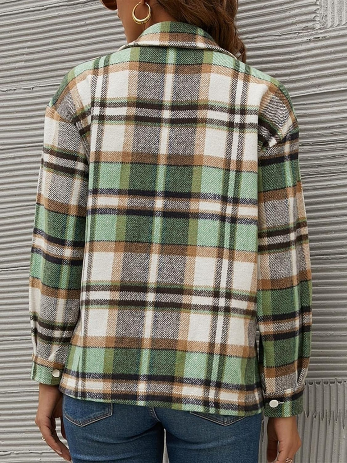 Plaid Collared Neck Long Sleeve Jacket-Angel Casuals
