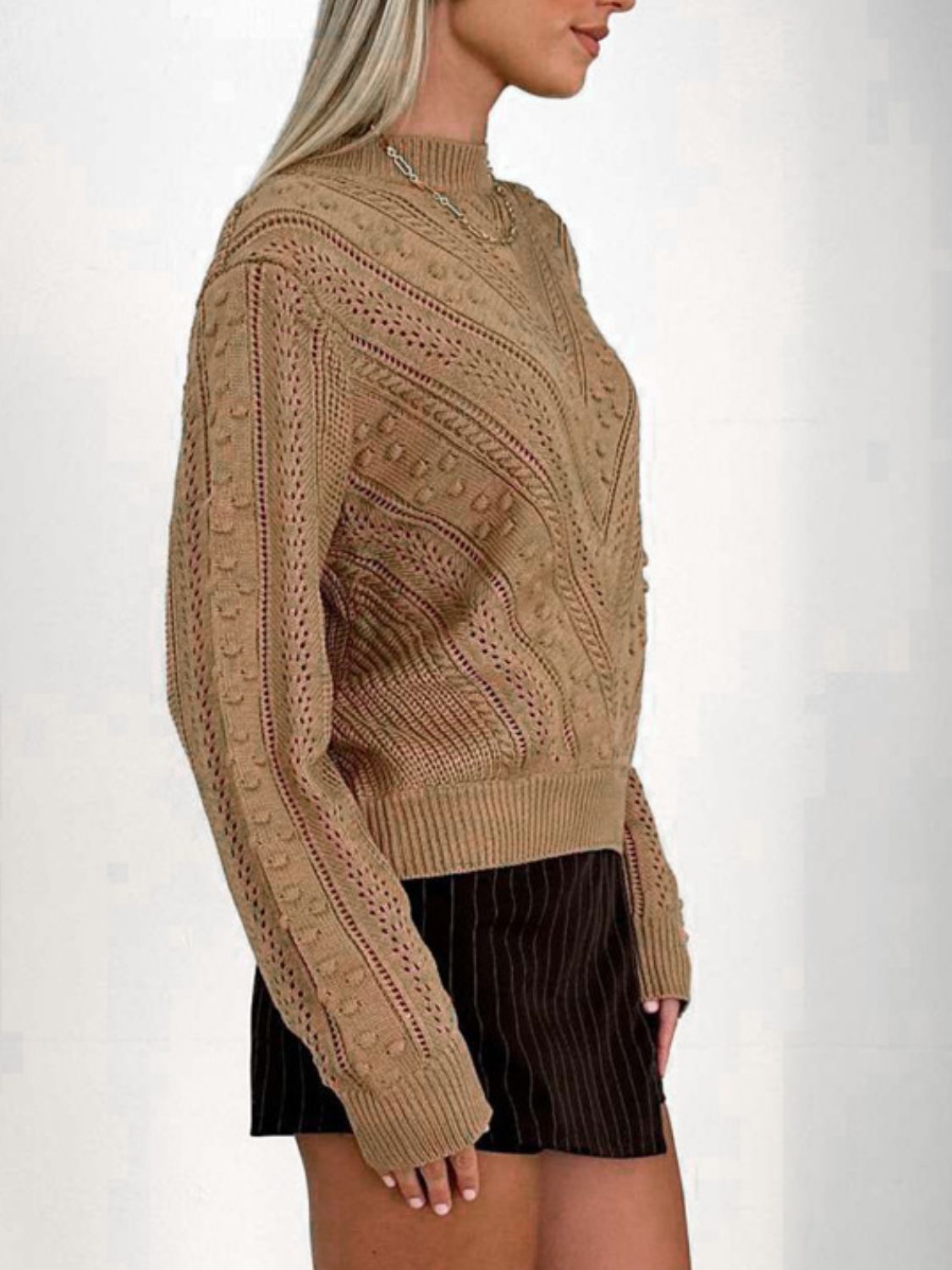 Perfee Openwork Round Neck Long Sleeve Sweater-Angel Casuals