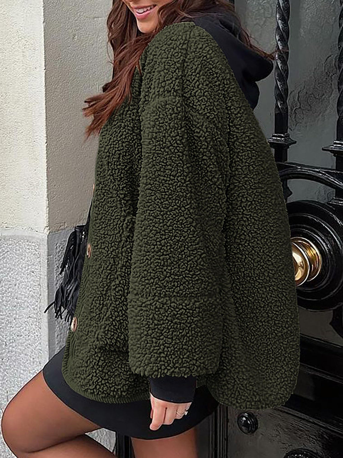 Contrast Button Up Sherpa Jacket with Pockets-Angel Casuals
