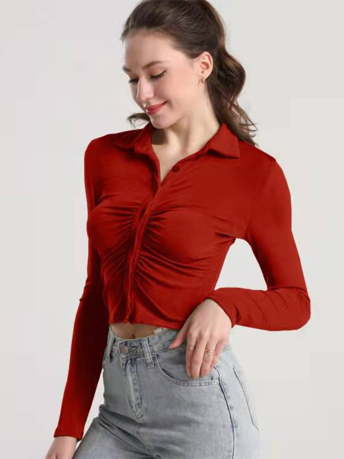 Ruched Button Up Long Sleeve T-Shirt-Angel Casuals