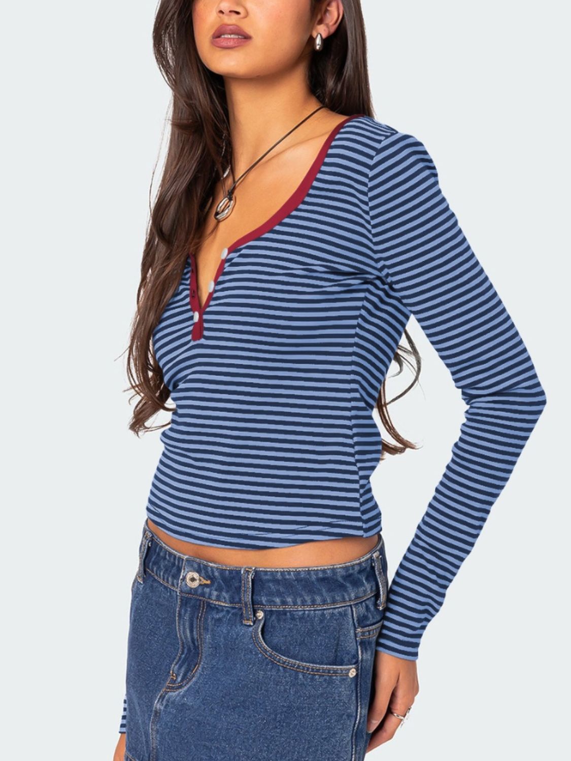 Buttoned Striped Long Sleeve T-Shirt-Angel Casuals