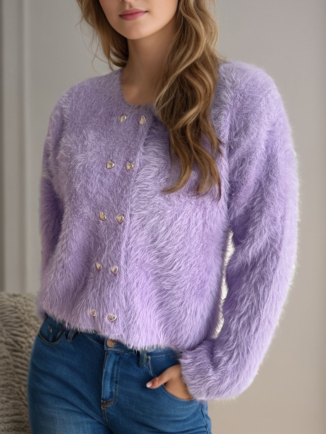 Heart Button Round Neck Cardigan-Angel Casuals